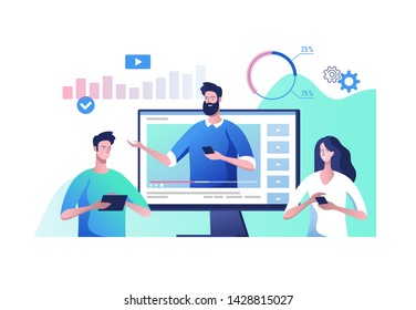 Online video communication. Concept of video presentation and training in business. Vector illustration.