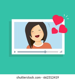 Online video communication with girlfriend vector illustration, remote dating love concept, flat cartoon distance relationship internet video call chat with happy girl