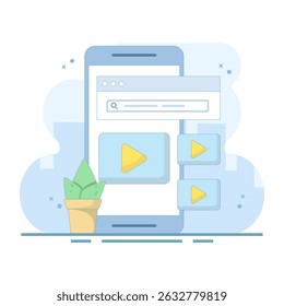 Conceito de vídeo online. Dispositivo de janela de vídeo. Reprodutor de vídeo para streaming de filmes e mídia online, clipes de vídeo e tubo de internet. Ilustração de design plano no fundo.