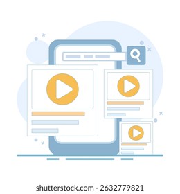 Conceito de vídeo online. Dispositivo de janela de vídeo. Reprodutor de vídeo para streaming de filmes e mídia online, clipes de vídeo e tubo de internet. Ilustração de design plano no fundo.