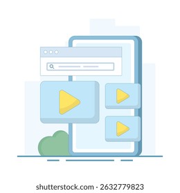 Conceito de vídeo online. Dispositivo de janela de vídeo. Reprodutor de vídeo para streaming de filmes e mídia online, clipes de vídeo e tubo de internet. Ilustração de design plano no fundo.
