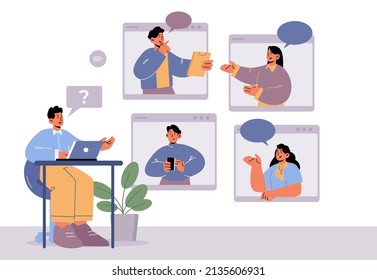 Online video conference of business characters, office workers webcam group call via internet. Employees remote briefing with boss and colleagues on huge pc screens, Line art vector illustration