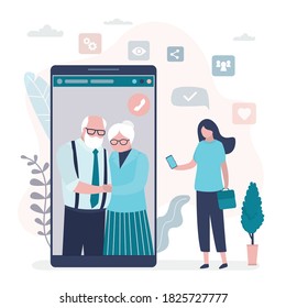 Online video conference. Businesswoman use smartphone. Big mobile phone with video chat app on screen. Woman talking to parents. Remote communication technology via internet. Flat vector illustration