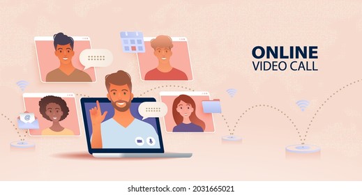 Online video conference call banner. Using laptop computer connecting together with people. working and learning anywhere concept. Vector illustration.