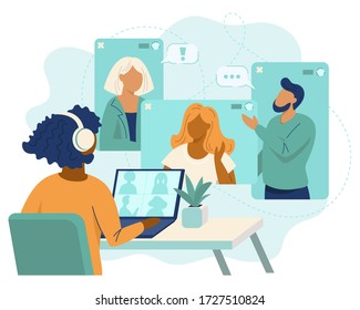 Online Video Conference, Video Call To Friends Or Colleagues. The Concept Of Remote Work, Online Communication. Vector Illustration Isolated On A White Background.