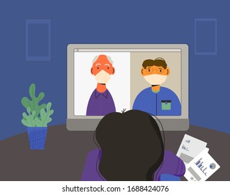 Online video conference call. People on computer screen talking with colleague. Persons working from home. Social distancing and self-isolation during coronavirus quarantine. Vector flat illustration.