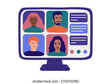 Online video conference, colleagues meeting from home, computer screen. Vector illustration, flat cartoon style. 