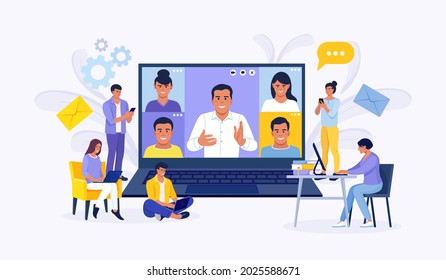 Online video conference Colleagues talk to each other on the laptop screen. Tiny people e-learning by webinar training, tutorial podcast concept. Teacher conducts online meeting with students