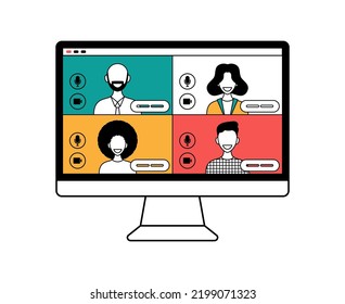 Online video conference concept. Illustration of Faces on Video Conference Call Screen. people connect together, learning or meeting online with teleconference.