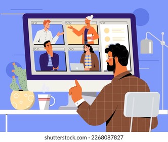 Online video conference concept. Male entrepreneur communicates with colleagues or employees on computer screen. Remote business meeting with partners or video call. Cartoon flat vector illustration