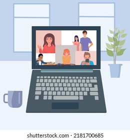 Online video conference concept.Internet communication. People communicate using phone and laptop. Vector.