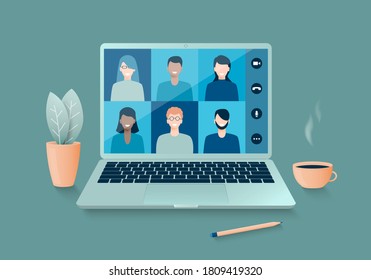 Online video conference or distance learning, working at home with a laptop. Vector illustration.