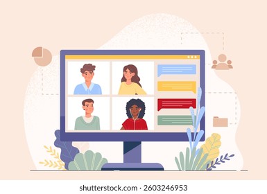 Online video conference with four diverse people on a computer screen, chat messages displayed. Modern flat design on a beige background. Concept of remote communication. Vector illustration