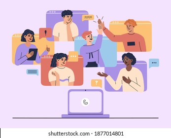 Online video conference landing page concept, colleague team chatting at laptop, group of men and women have meeting call and discussion, working from home. Vector illustration in flat cartoon style.