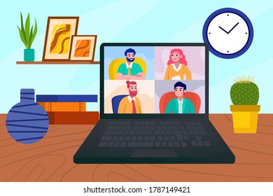 Online video conference at laptop screen, business communication by internet call vector illustration. Team people and web group technology at computer meeting. Virtual office chat.