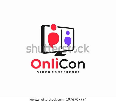 Online video conference logo design. Distance education vector design. Computer screen with two talking people logotype