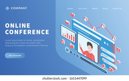 online video conference with man teaching lesson course for website template or landing homepage