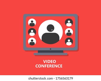 Online Video Conference Meeting In Self Quarantine On Desktop Computer With Avatar Icon. Stay Home Concept. Vector Illustration