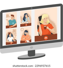 Online video conference on computer screen icon