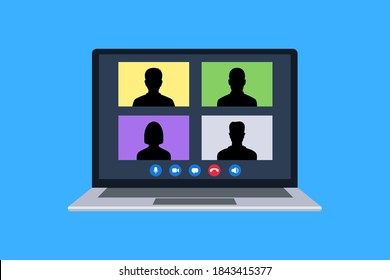 Online video conference on a laptop screen. Working from home concept. Flat illustration