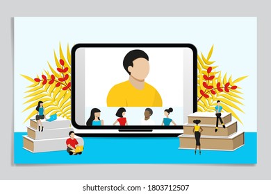 Online video conference. People video calling and talking about data analysis, consultation, seminar, online training, school courses.