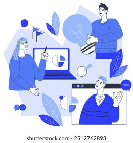 Online video conference, remote meeting and video call of business team colleagues. Business communication concept, flat graphic vector illustration isolated on white background.
