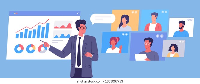 Online video conference vector illustration. Distance education, work, business meeting. A young man making online presentation for video conference 