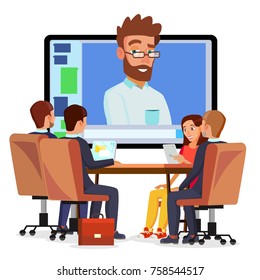Vector de videoconferencia en línea. Hombre Y Chat. El Director Se Comunica Con El Personal. Seminario web. Reunión Empresarial, Consulta, Seminario, Concepto De Formación En Línea. Dibujo plano ilustrado aislado