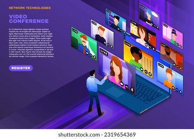 Online video conference. Webinar register. Landing page. Business group call. Communication in web office. People on screen. Internet seminar. Website banner. Vector isometric concept