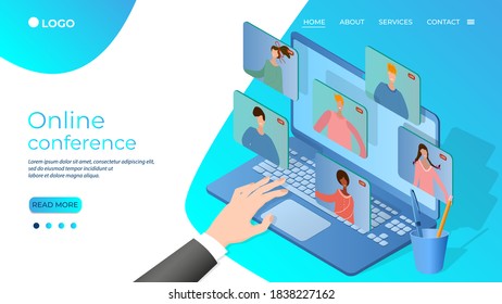 Online video conference.Concept of conducting an online video conference.People use a laptop to communicate.Use of modern communication technologies.ablon landing page.