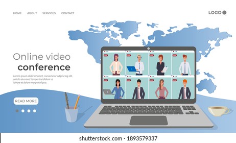 Online video conference.People communicate with each other,remote work,freelancing, online education using a laptop.Concept of development of modern technologies.Flat vector illustration.