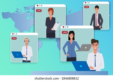 Online video conference.Teamwork between the business men and business women.Remote work, online training, freelancing, and virtual communication in self-isolation.Flat vector illustration.