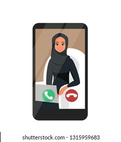 Online Video Conferencing With Happy Arabian Businesswoman in hijab On Smartphone. Vector illustration isolated from white background