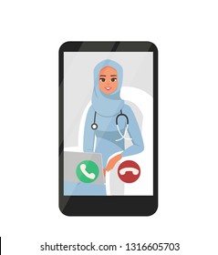 Online Video Conferencing With Happy Female Arabian Doctor On Smartphone. Vector illustration isolated from white background