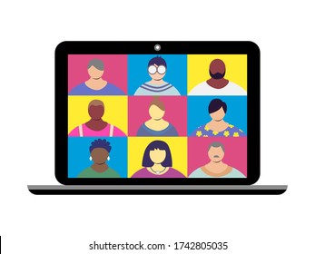 Online-Video-Konferenzvektoranzeige auf einem Laptop. Geeignet für soziale Distanzierung, Web-, Lern-, Fernarbeit.