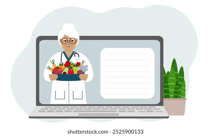 Online video or consultation of a female doctor on a laptop. Dietitian, nutritionist. Vector flat illustration