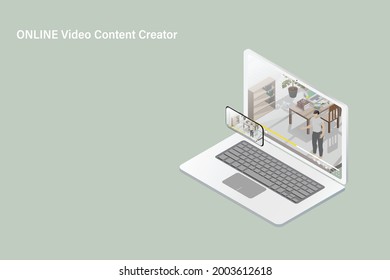 Online video content creator is delivering his content through social media channels on isometric communication devices such as smartphone and laptop isolated on pastel green background