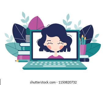 Online video conversation. The girl's head peeps out of the monitor. Friendly meeting, consultation. Video call. Vector flat illustration.
