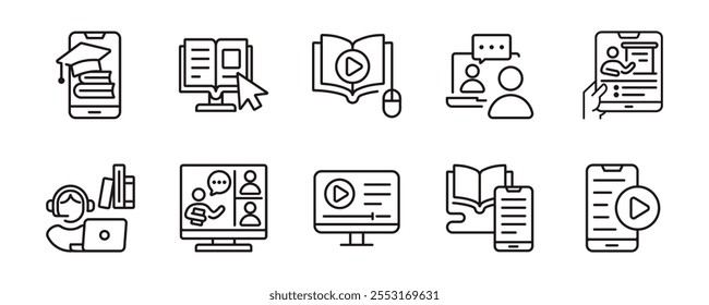 vídeo online curso ícone definir educação tutorial livro de estudo digital aprendizagem seminário sinais conferência vetor linha ilustração