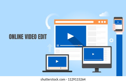 Online Video, Video Editing, Mobile Video Upload - Flat Style Vector Banner On Light Background