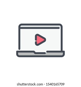 Online video and education color line icon. Laptop with online video player vector outline colorful sign.