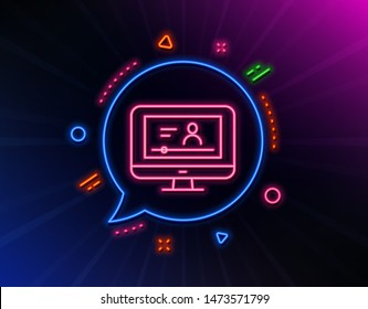 Online Video Education line icon. Neon laser lights. Computer with Online lecture sign. Web player symbol. Glow laser speech bubble. Neon lights chat bubble. Vector
