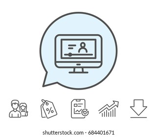 Online Video Education line icon. Computer with Online lecture sign. Web player symbol. Report, Sale Coupons and Chart line signs. Download, Group icons. Editable stroke. Vector