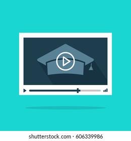 Online video education vector illustration, flat style video player with graduation hat, concept of remote or distance learning, webinar, tutorials