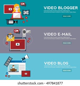 Online video email design concept set with blogger media flat icons isolated isolated vector illustration.
