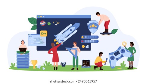 Online video games development and testing, gamification set. Tiny people develop program code and gaming, developers holding console and digital tools for coding cartoon vector illustration