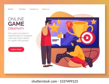 Online video games development website and home entertainment streaming media services web banner. Online video games mobile application and landing page template, vector flat graphic design