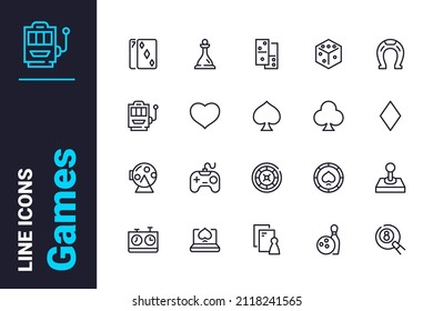 Online video games for entertainment icons set vector illustration. Various online games with competition line icon. Hobby, addiction concept