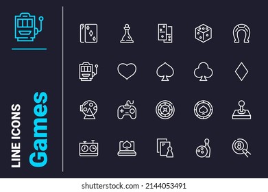 Online video games for entertainment icons set vector illustration. Various online games with competition line icon. Hobby, addiction concept