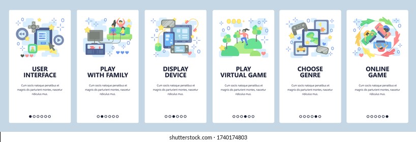 Online video games icon set. Play with family, virtual reality game, genre. Mobile app screens. Vector banner template for website and mobile development. Web site design illustration.